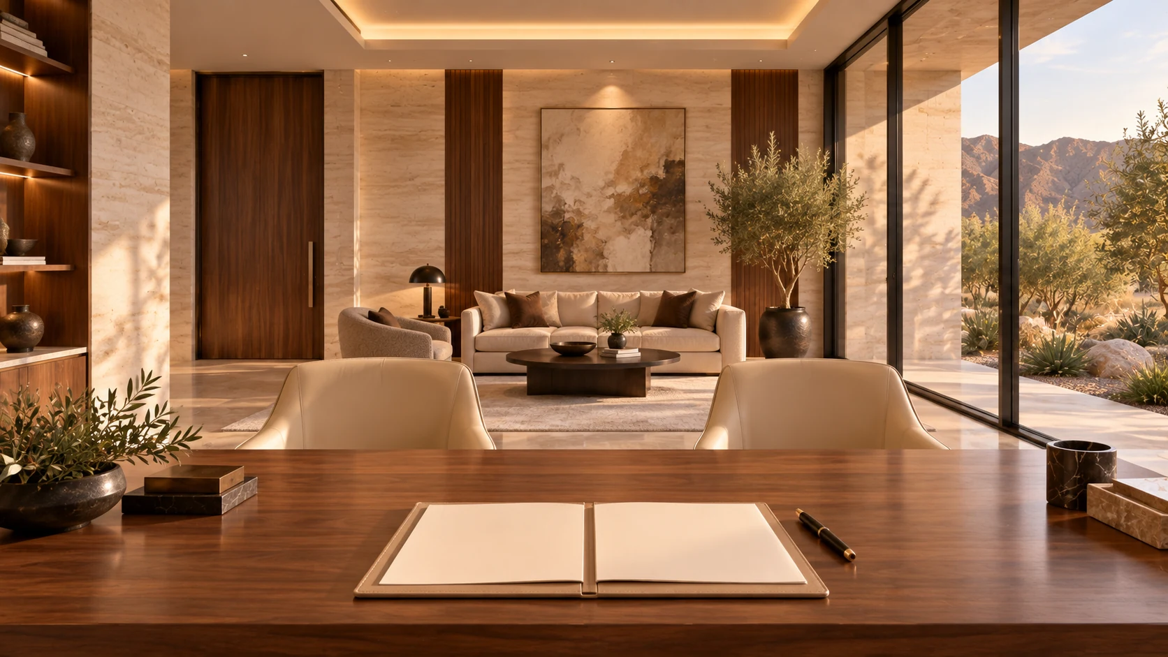 Private signing lounge with a walnut table