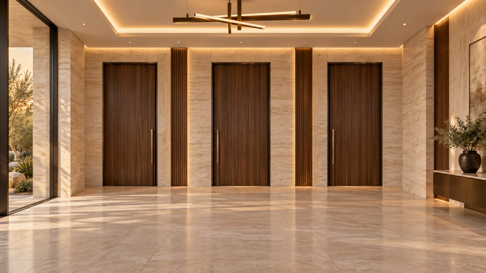 A warm stone hallway with three walnut doors